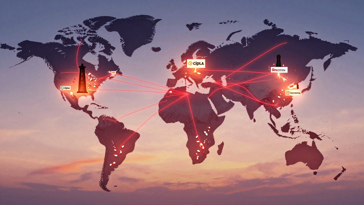 A global map with supply lines from India to other continents, showing pill icons flowing to U.S., EU, and Africa.
