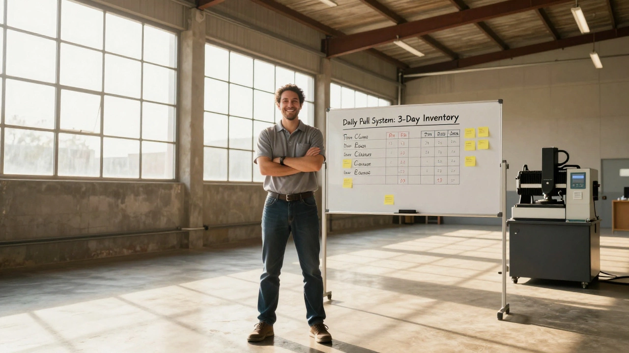 A manager in a bright, empty warehouse smiling at a whiteboard showing lean production metrics.