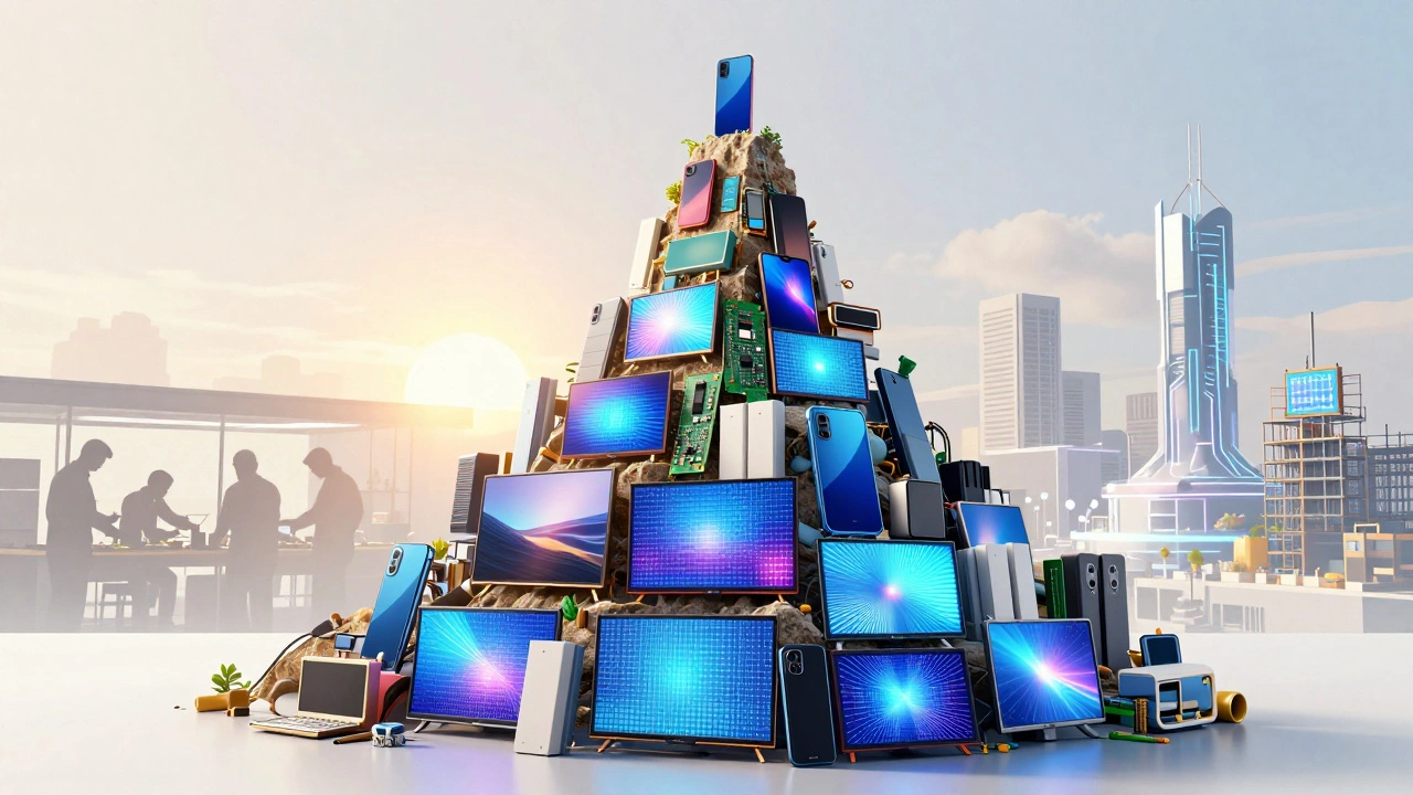 A mountain of smartphones, TVs, and circuit boards symbolizing Tamil Nadu's electronics export dominance.