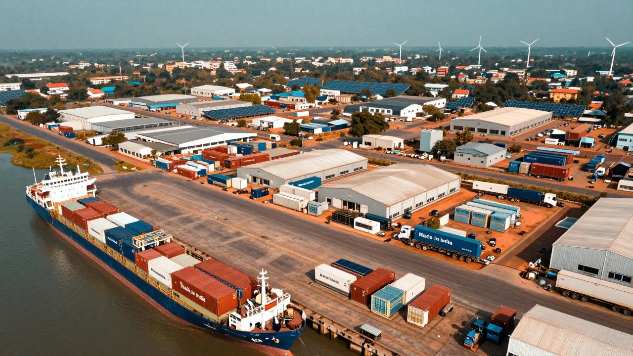Aerial view of Tamil Nadu's electronics hubs with cargo ships loading exports at Chennai Port.