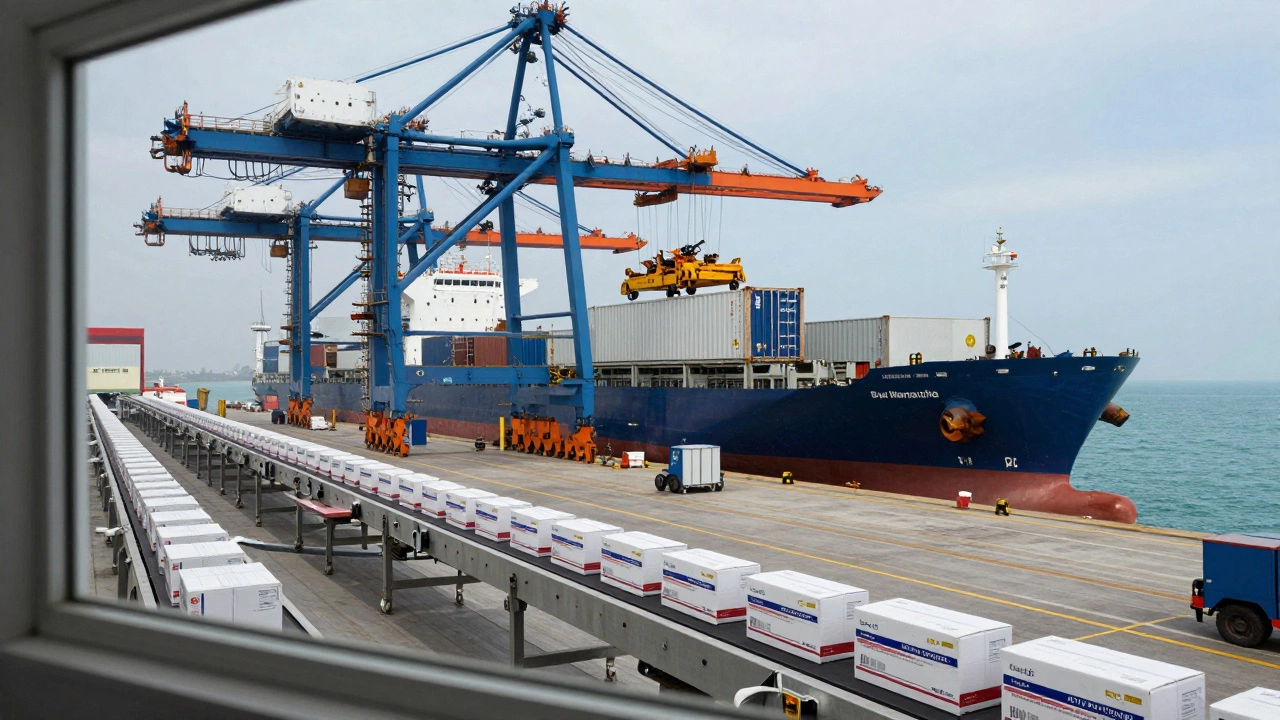 Cargo containers being loaded at port for medicine exports.