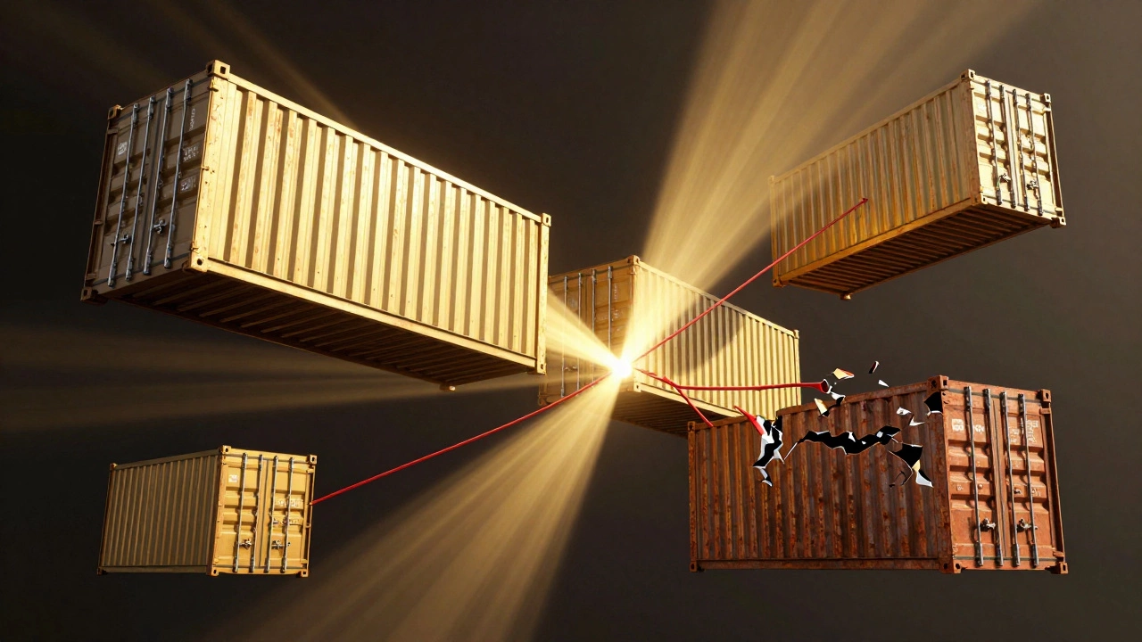 Cargo containers connected by golden and red light beams in void.