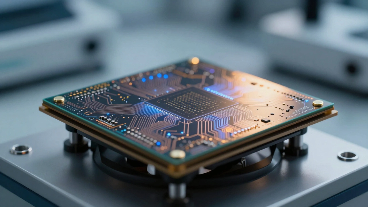 Close-up view of a glowing semiconductor silicon wafer.