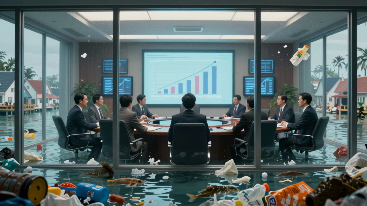 Corporate executives overlooking a flooded coastal village from a boardroom, plastic waste floating below.