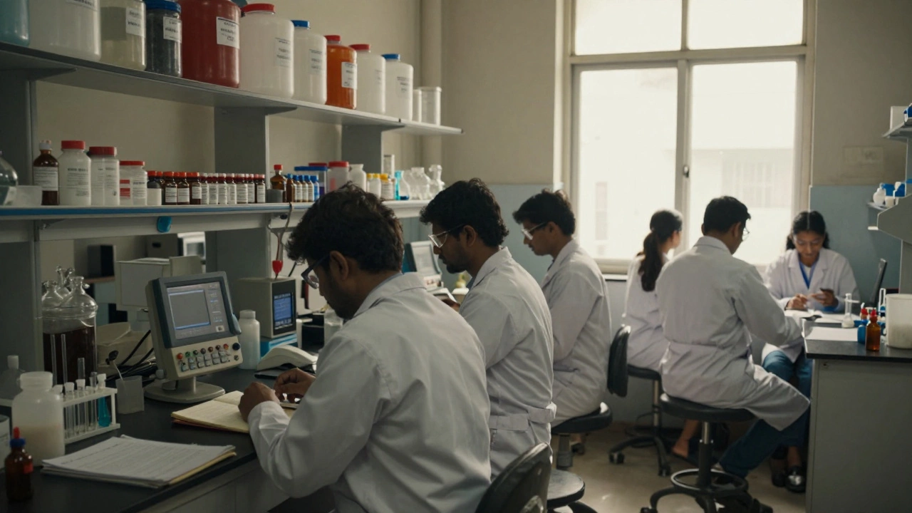 Engineers in a small Indian chemical lab analyzing samples with natural light.
