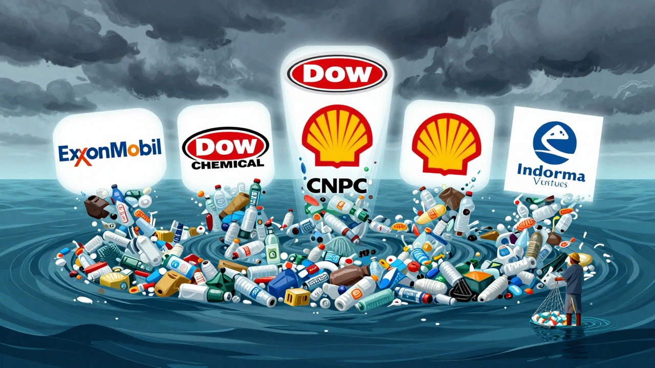 Five major plastic companies' logos formed from ocean plastic waste, with a fisherman holding a net full of debris.