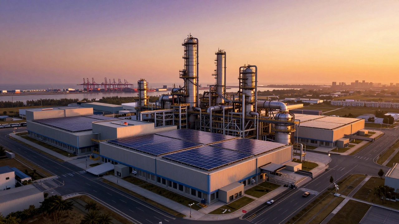 Futuristic industrial hub with solar panels at sunset.