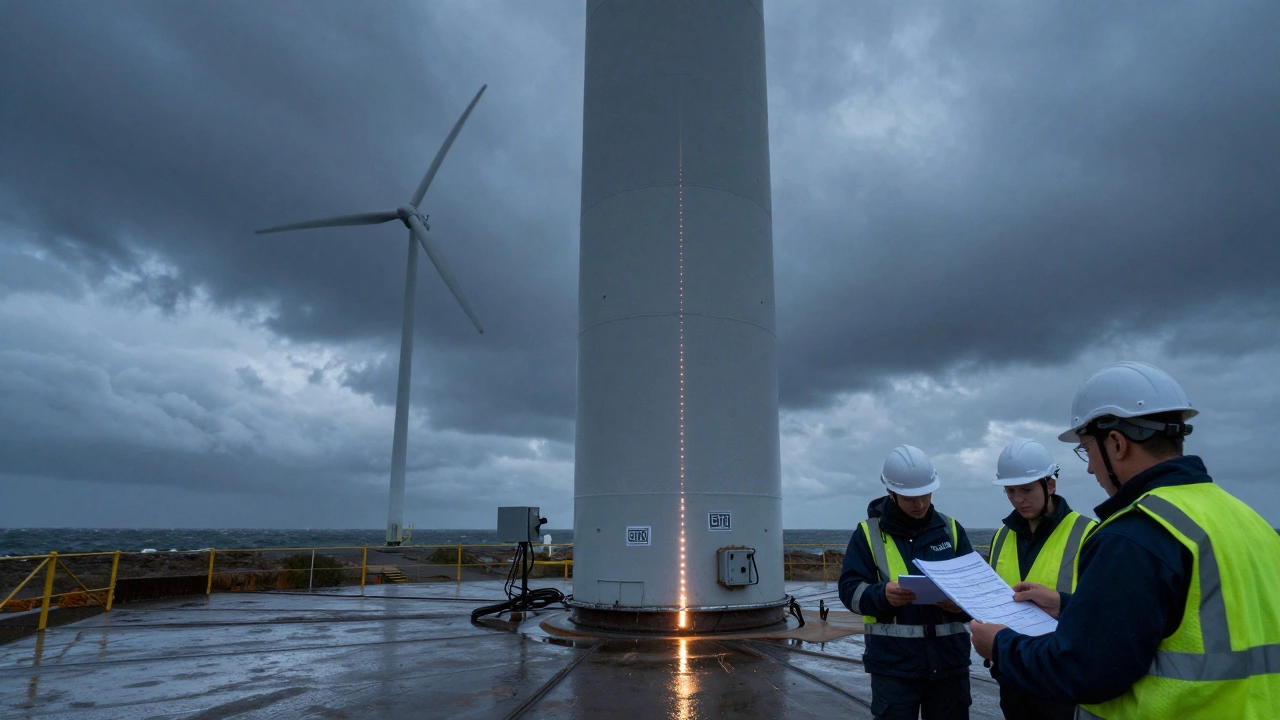 German wind turbine tower made of high-strength steel standing against a stormy North Sea sky.