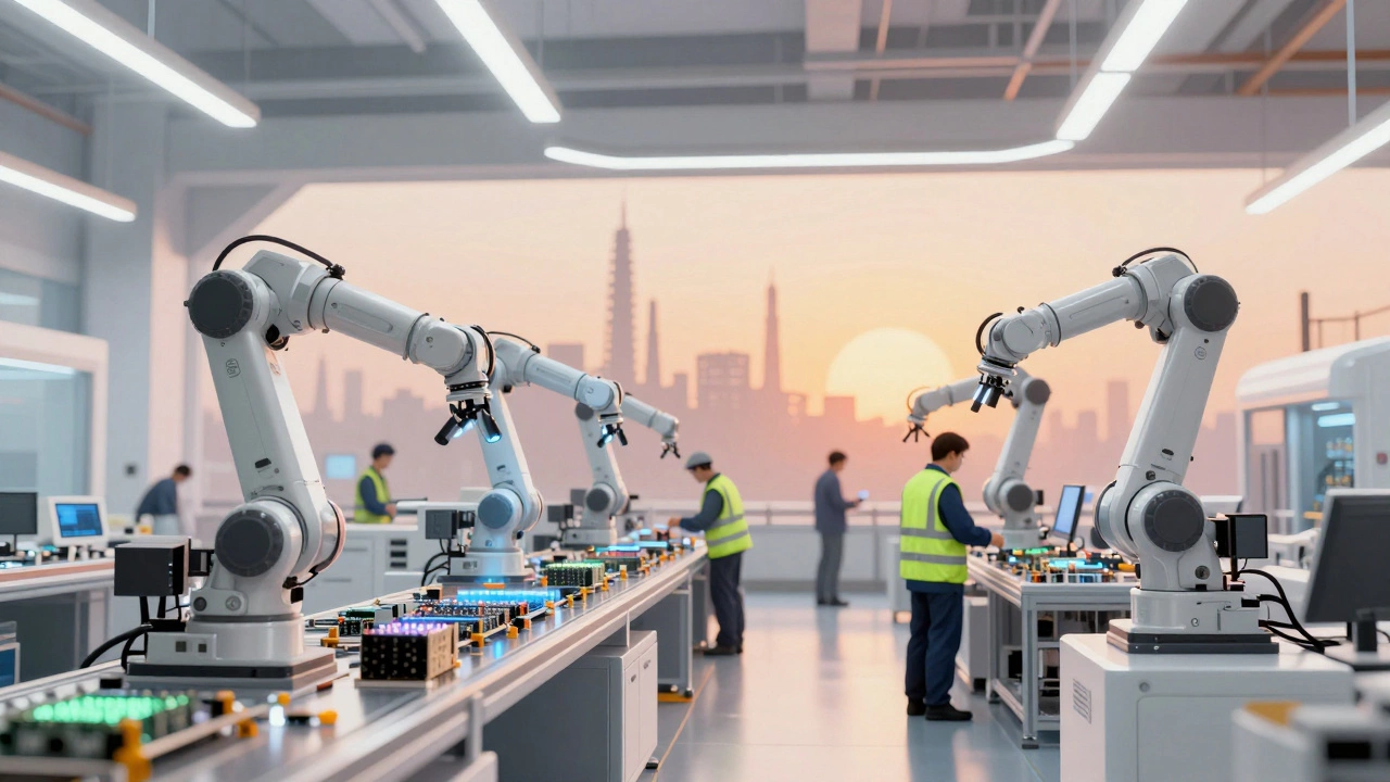 Robotic arms and workers in bright electronics factory assembly line.