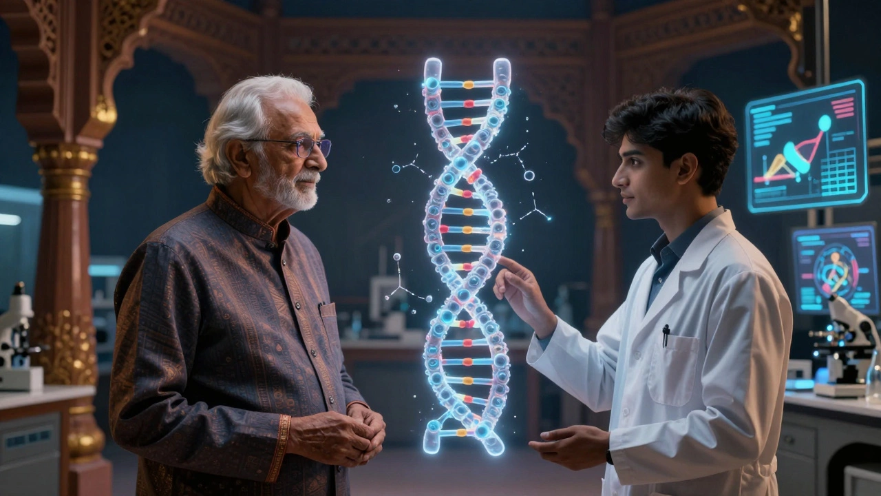 Senior and young scientist examining glowing DNA model.