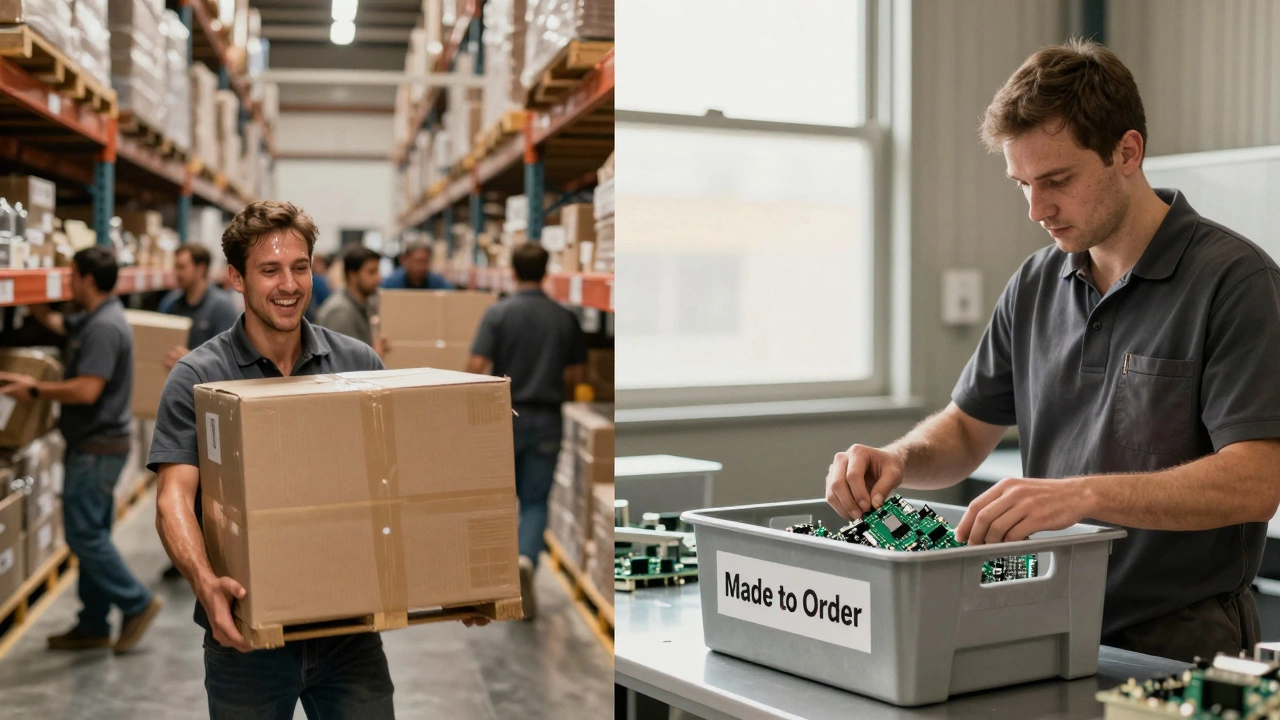 Split scene: chaotic inventory storage vs. clean just-in-time production line.