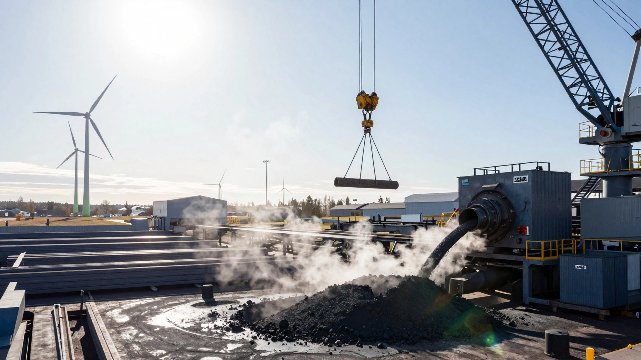 Swedish steel plant producing zero-emission steel with renewable energy turbines in background.