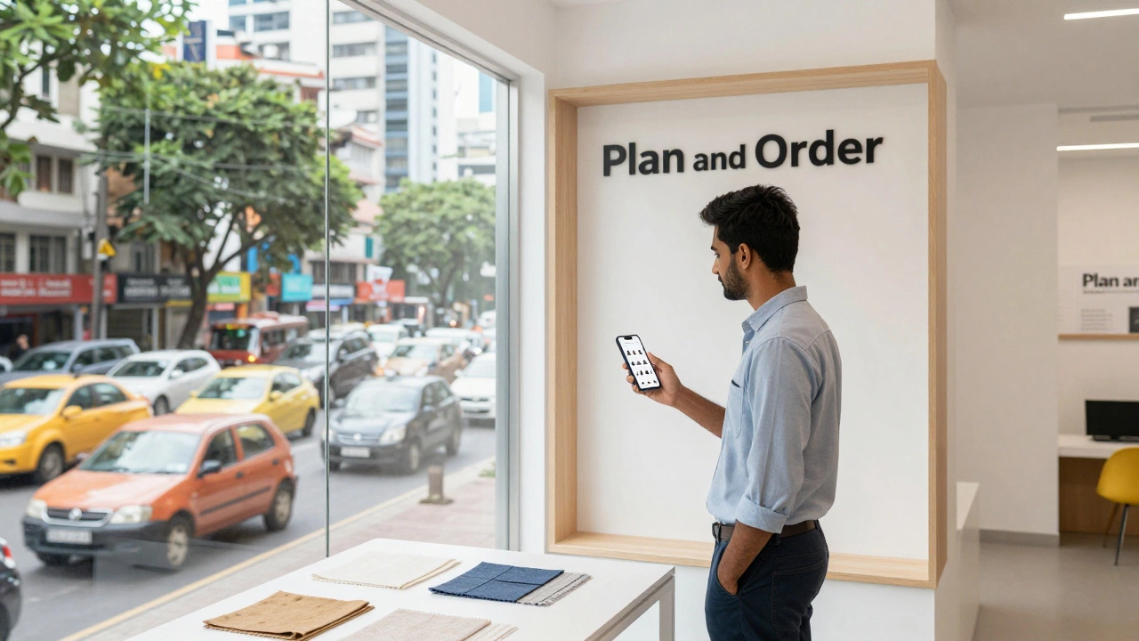 A person using a smartphone in a small, modern city-center furniture planning hub.