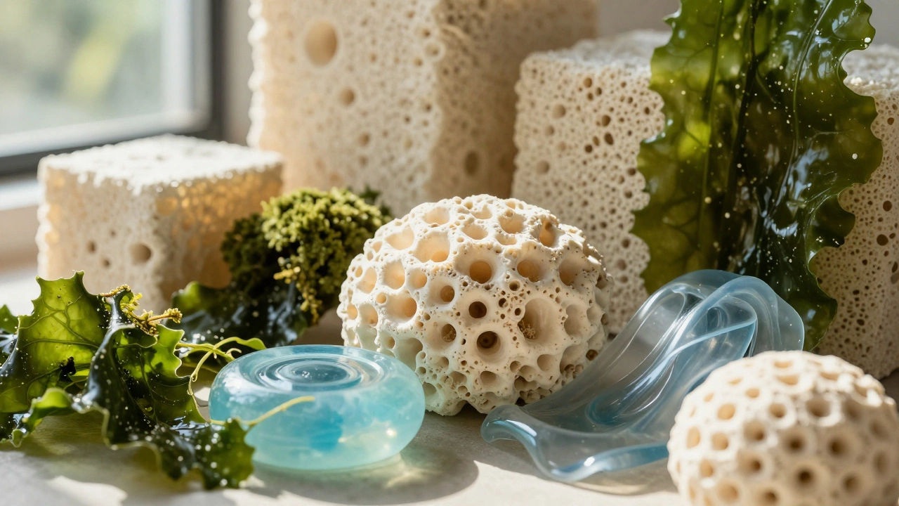 Artistic arrangement of mycelium packaging and seaweed-based biodegradable plastics.