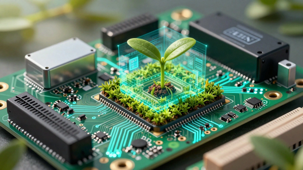 Close-up of a circuit board integrated with green nature and EV battery components.