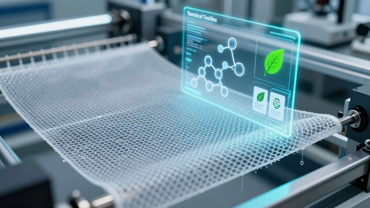 Close-up of advanced technical textile fabric with digital holographic data overlays