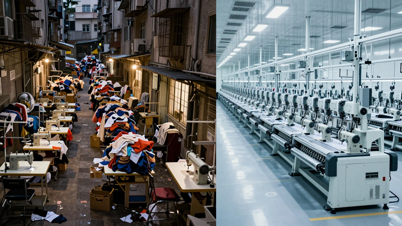 Comparison between small fragmented workshops and a large automated garment factory