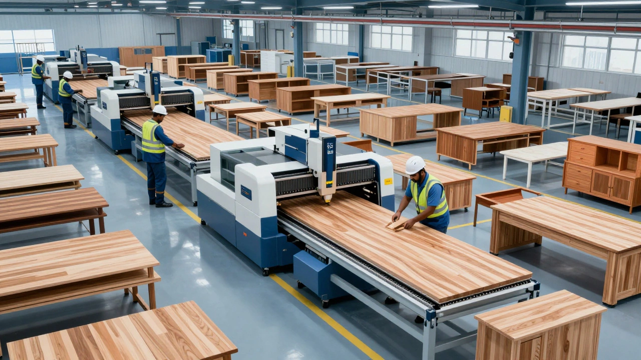 Indian factory workers using modern machinery to produce standardized wooden furniture components.