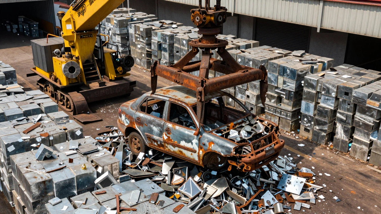 Industrial car scrapping facility with a mechanical claw lifting a crushed vehicle from a metal pile