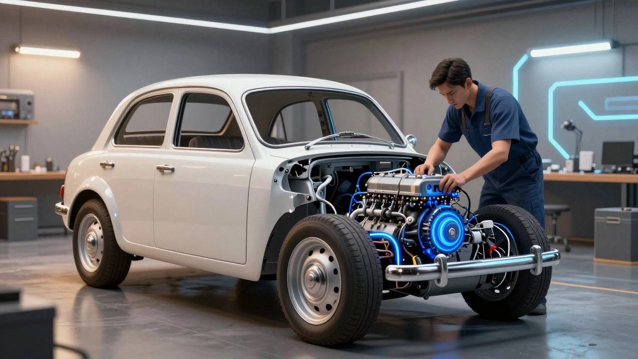 Mechanic installing an electric motor into a classic car body in a modern workshop
