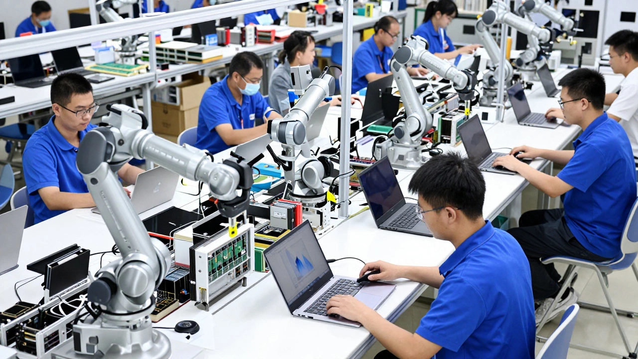Modern electronics assembly line with robotic arms producing laptops and tablets in a large factory.