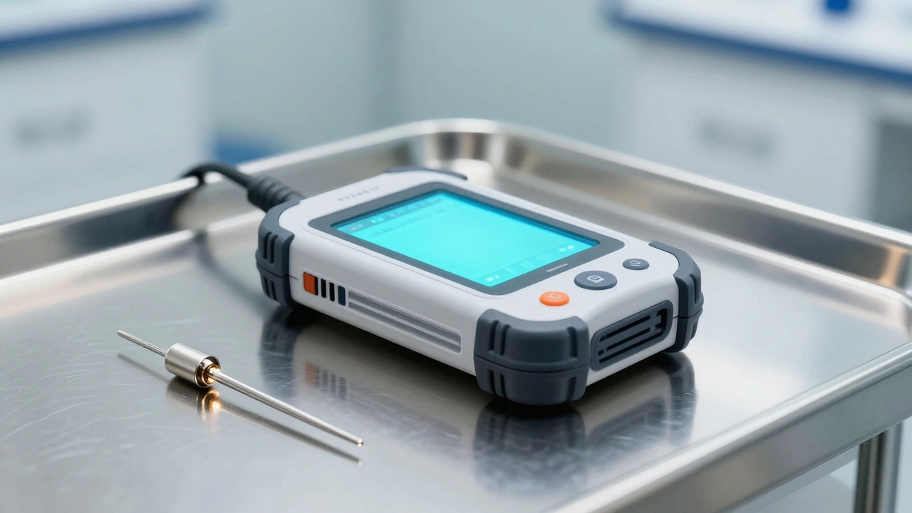 Specialized medical IoT handheld device and precision surgical components on a sterile surface.