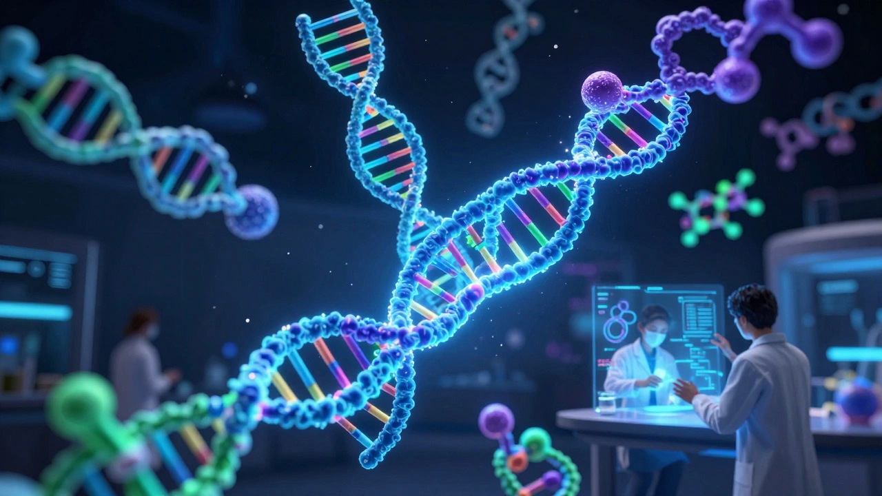 Abstract visualization of glowing DNA strands and molecular structures representing biosimilar research.