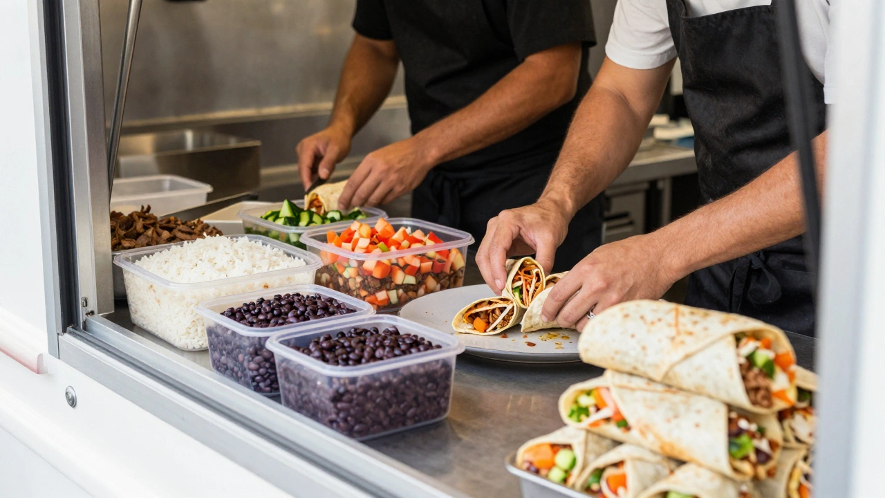 Chef assembling burritos efficiently in a clean food truck kitchen during rush hour.