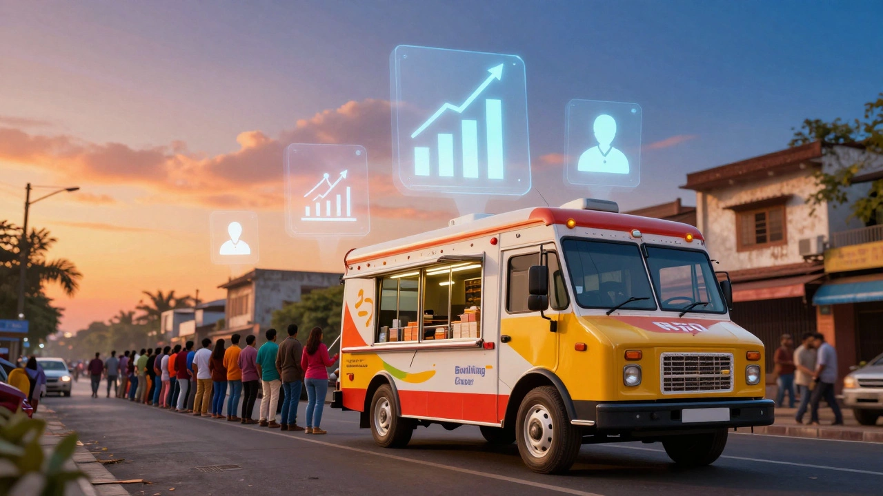 Colorful food truck with a long customer queue in an Indian city street at sunset.