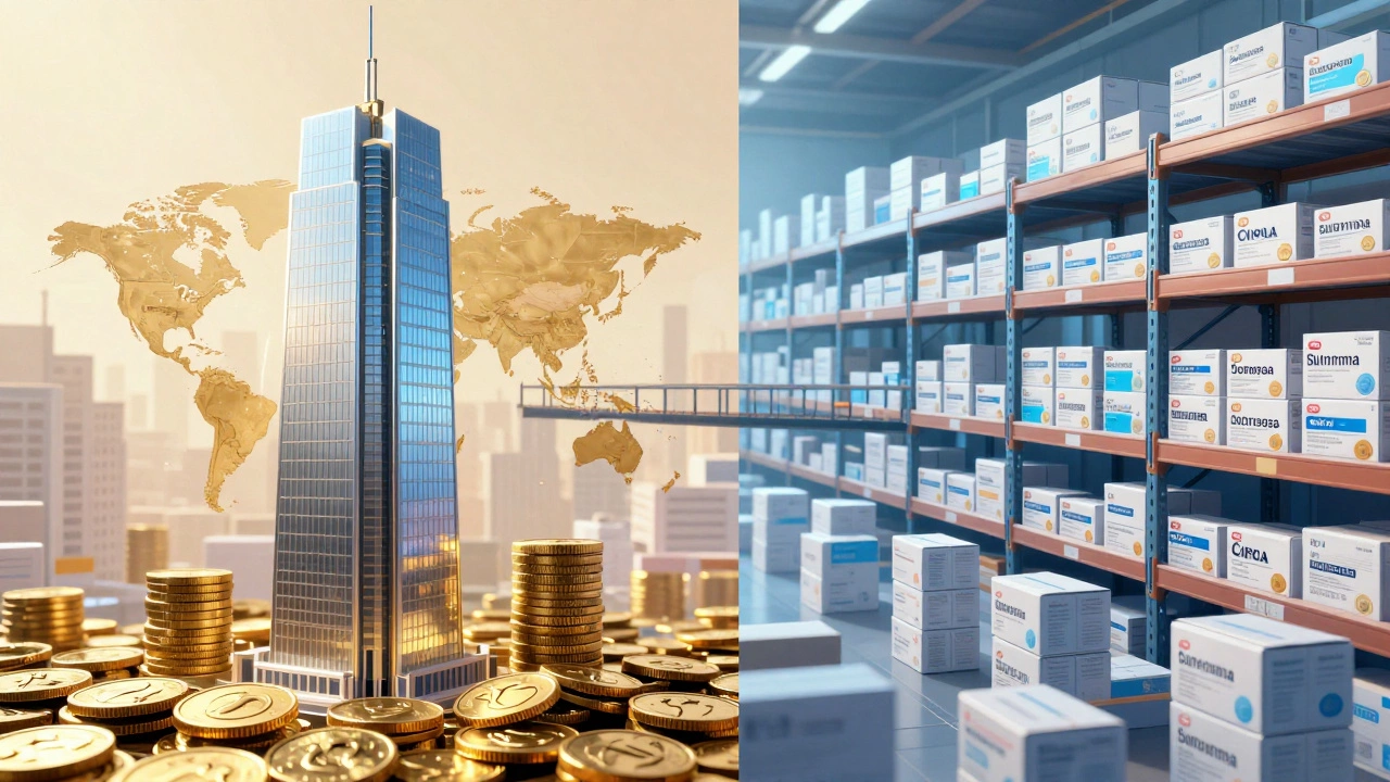 Conceptual art contrasting a golden skyscraper for revenue with a warehouse full of medicine for volume.