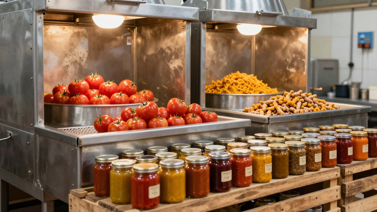 Fresh spices and tomatoes processed in a local food factory