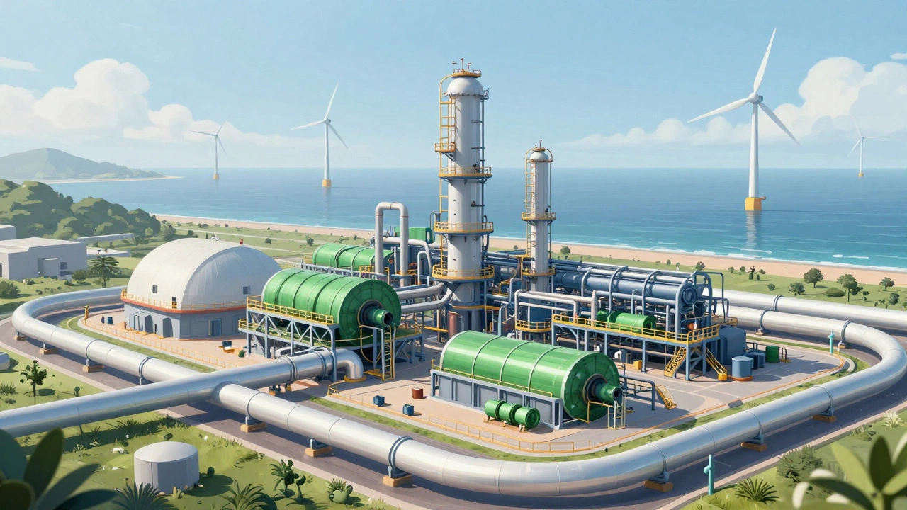 Futuristic green steel facility with wind turbines and hydrogen infrastructure