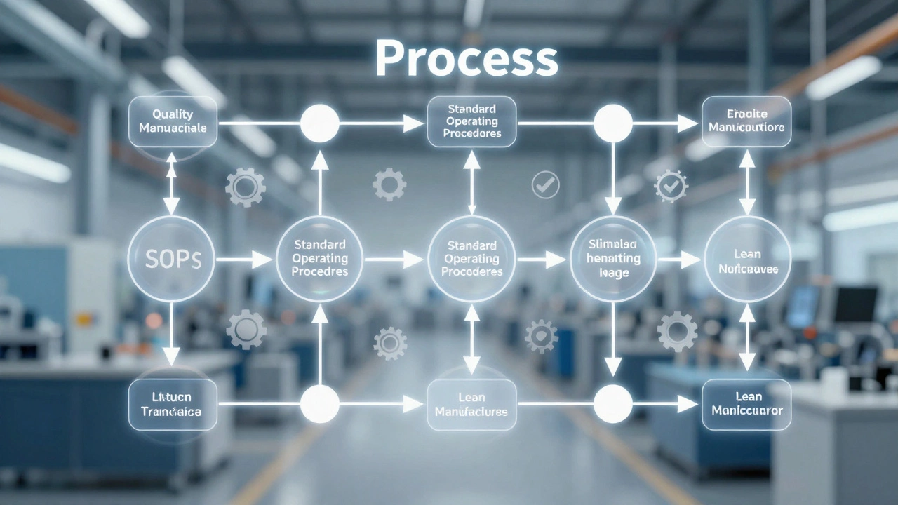 Glowing flowchart illustrating efficient manufacturing processes
