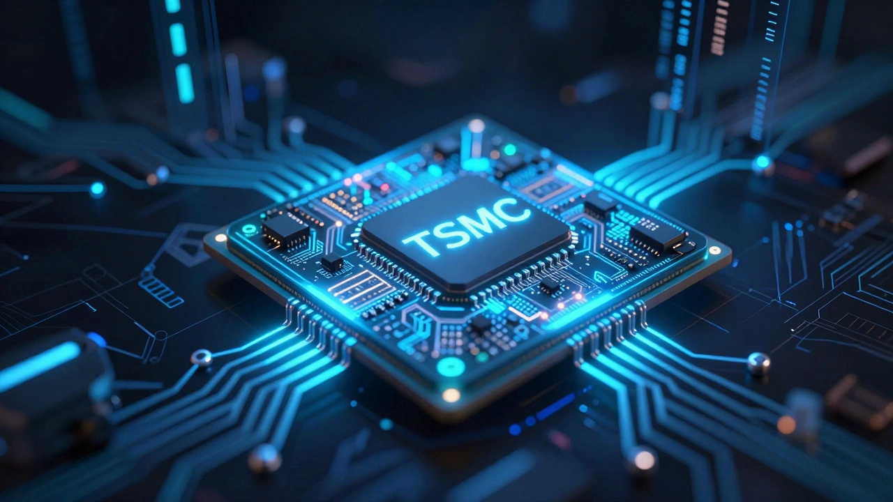 Glowing microchip wafer with abstract circuit patterns