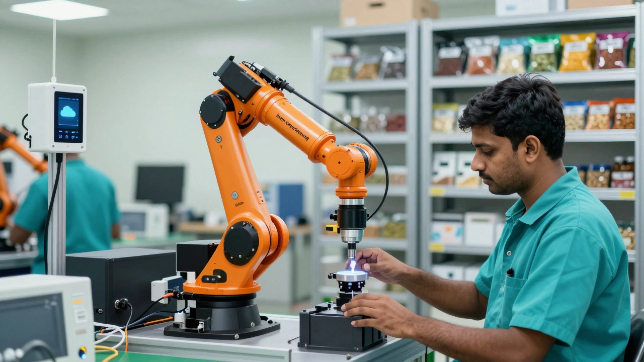 Human technician collaborating with a robotic arm in a modern automated small workshop.
