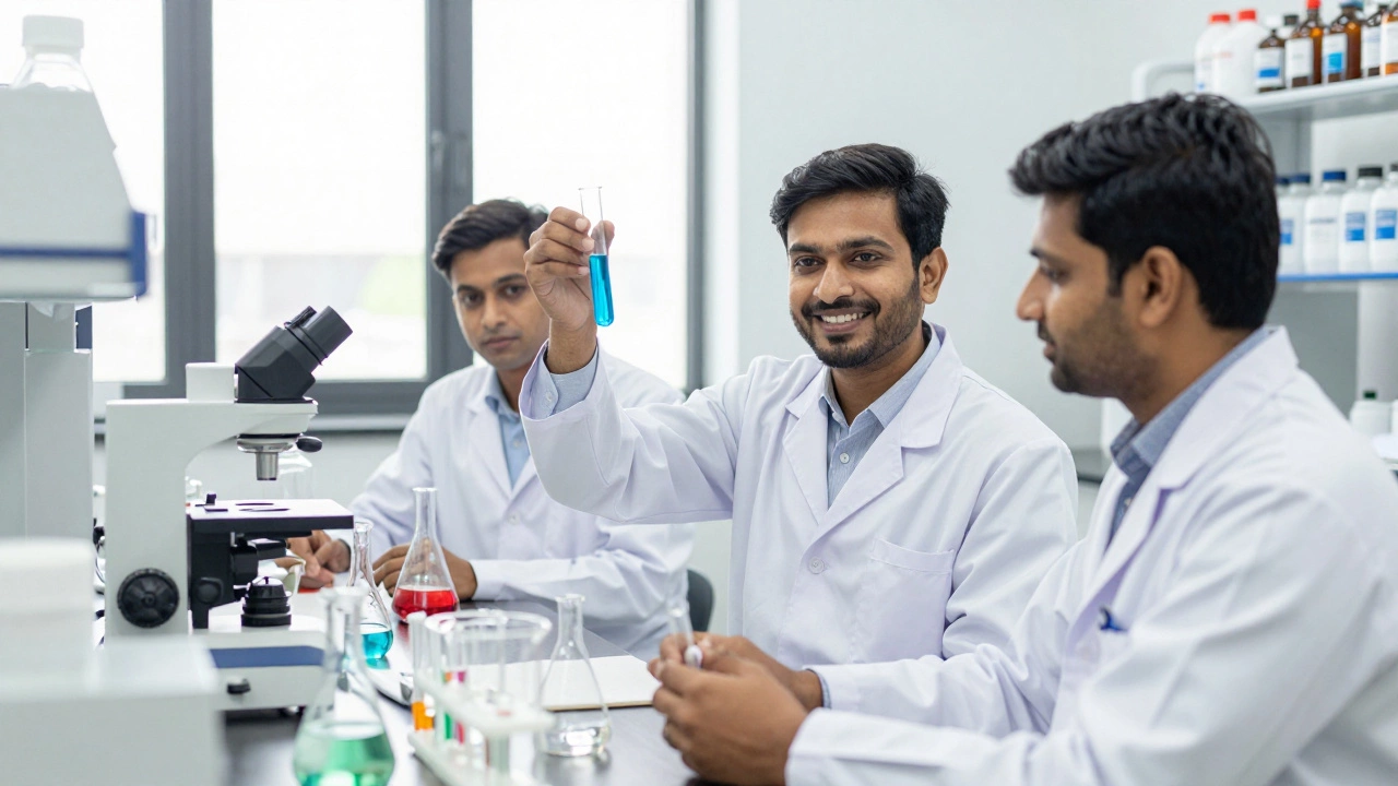 Indian scientists collaborating in a bright chemistry lab