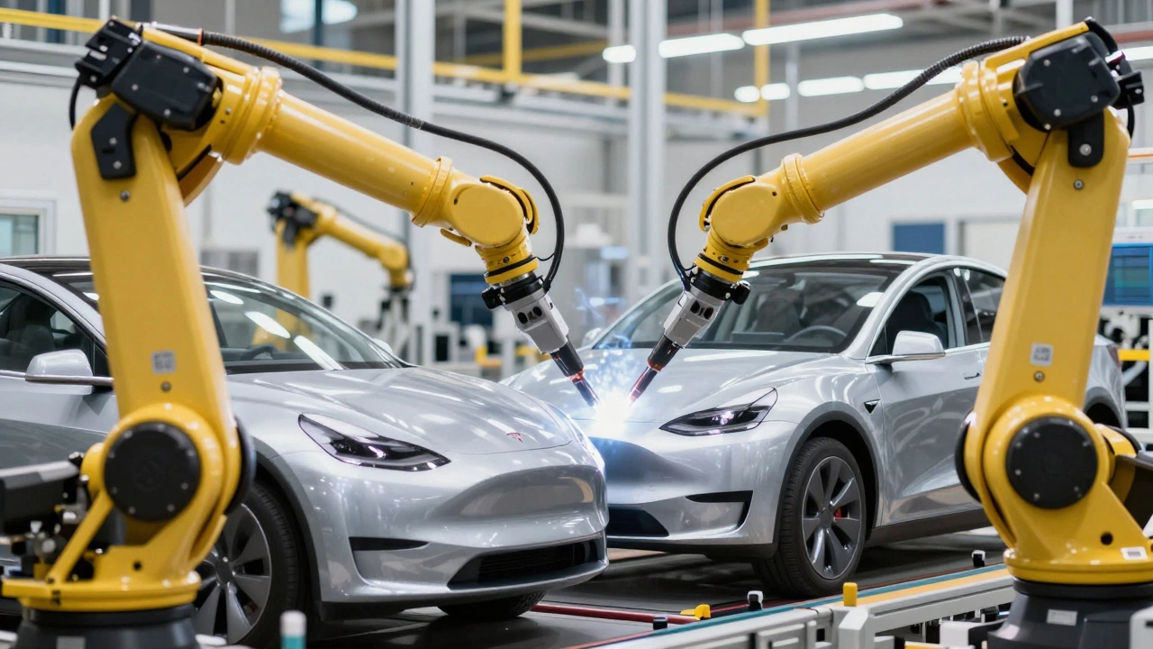 Robotic arms assembling electric vehicles on an automated line