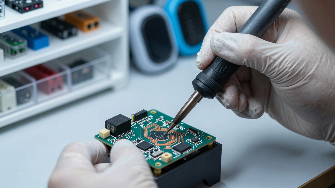 Technician assembling niche electronics circuit boards close up