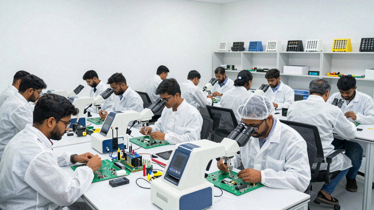 Technicians assembling electronics in a modern startup workshop