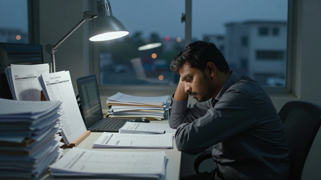 Worker overwhelmed by compliance paperwork in dimly lit office