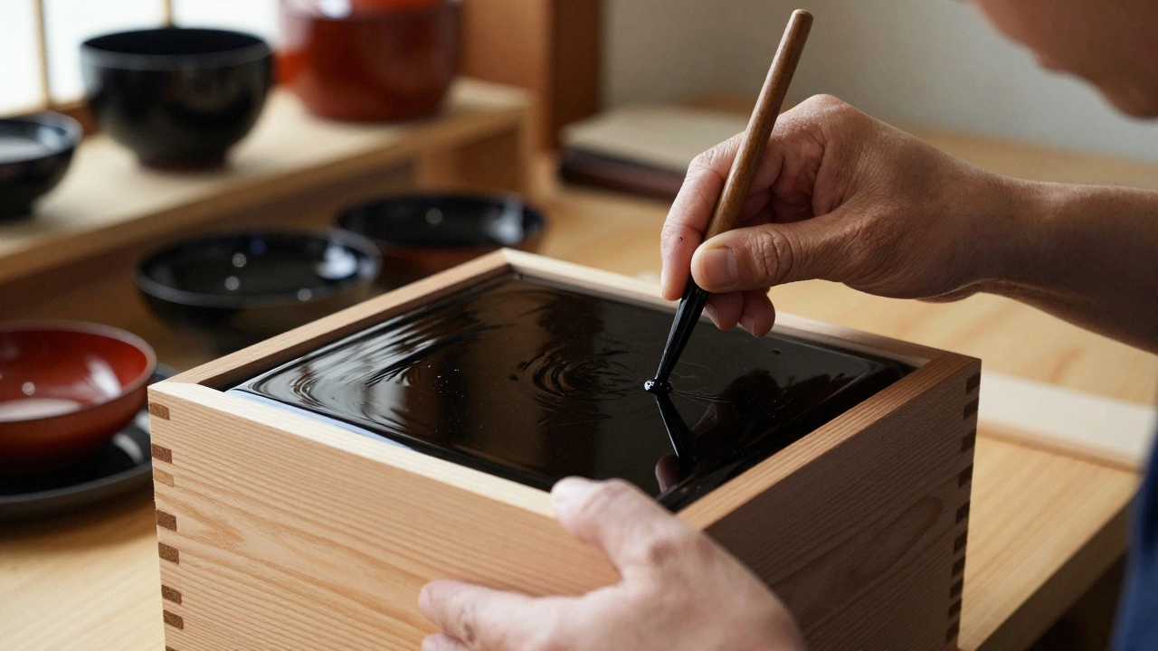Artisan applying glossy black lacquer to a traditional wooden box by hand