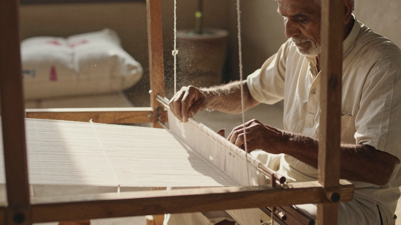 Artisan weaving white Khadi cotton on a traditional wooden handloom