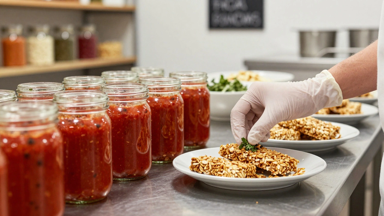 Artisanal food production with jars of hot sauce and granola bars