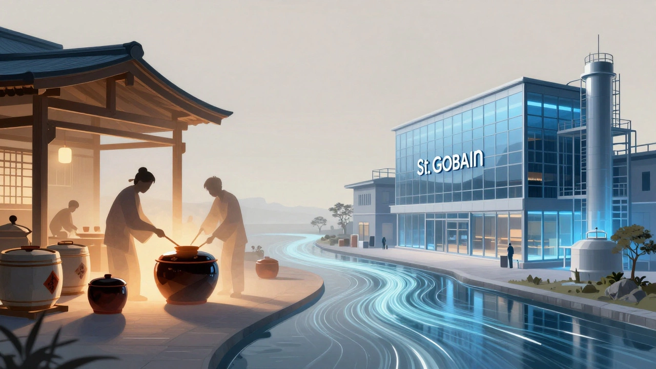 Conceptual art blending traditional crafts with modern glass manufacturing