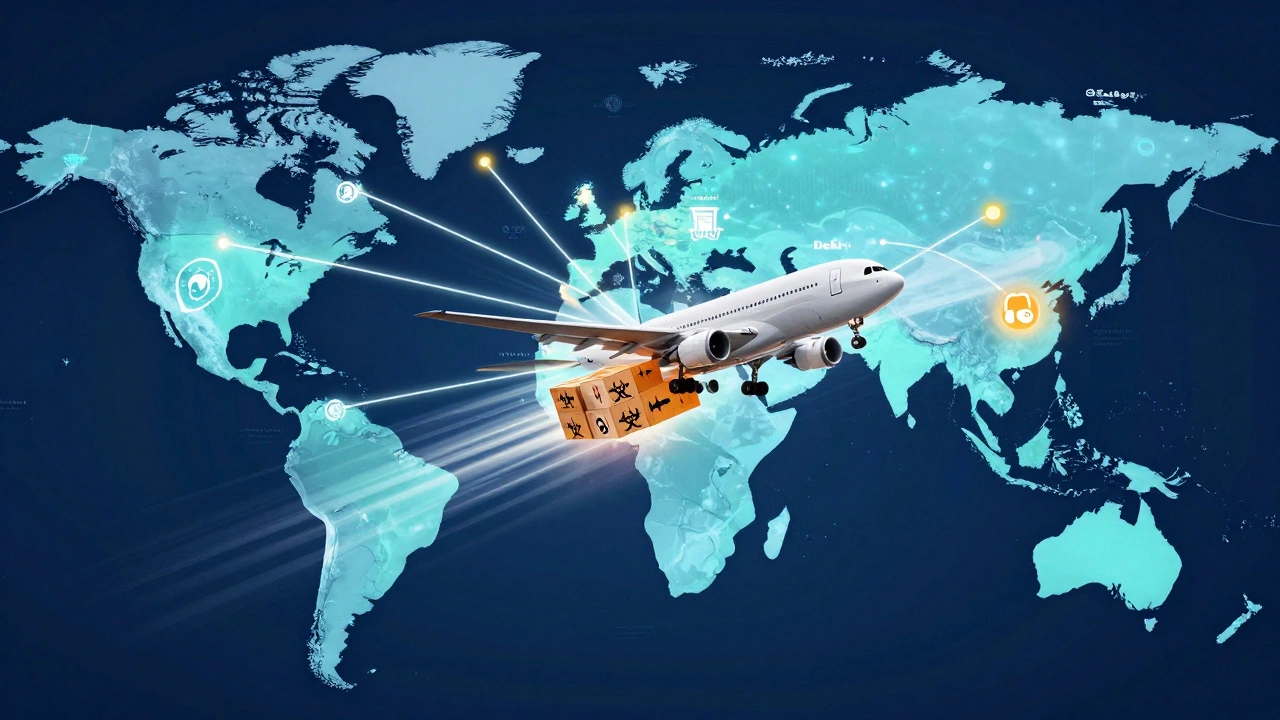 Conceptual graphic showing global pharma logistics from Hyderabad