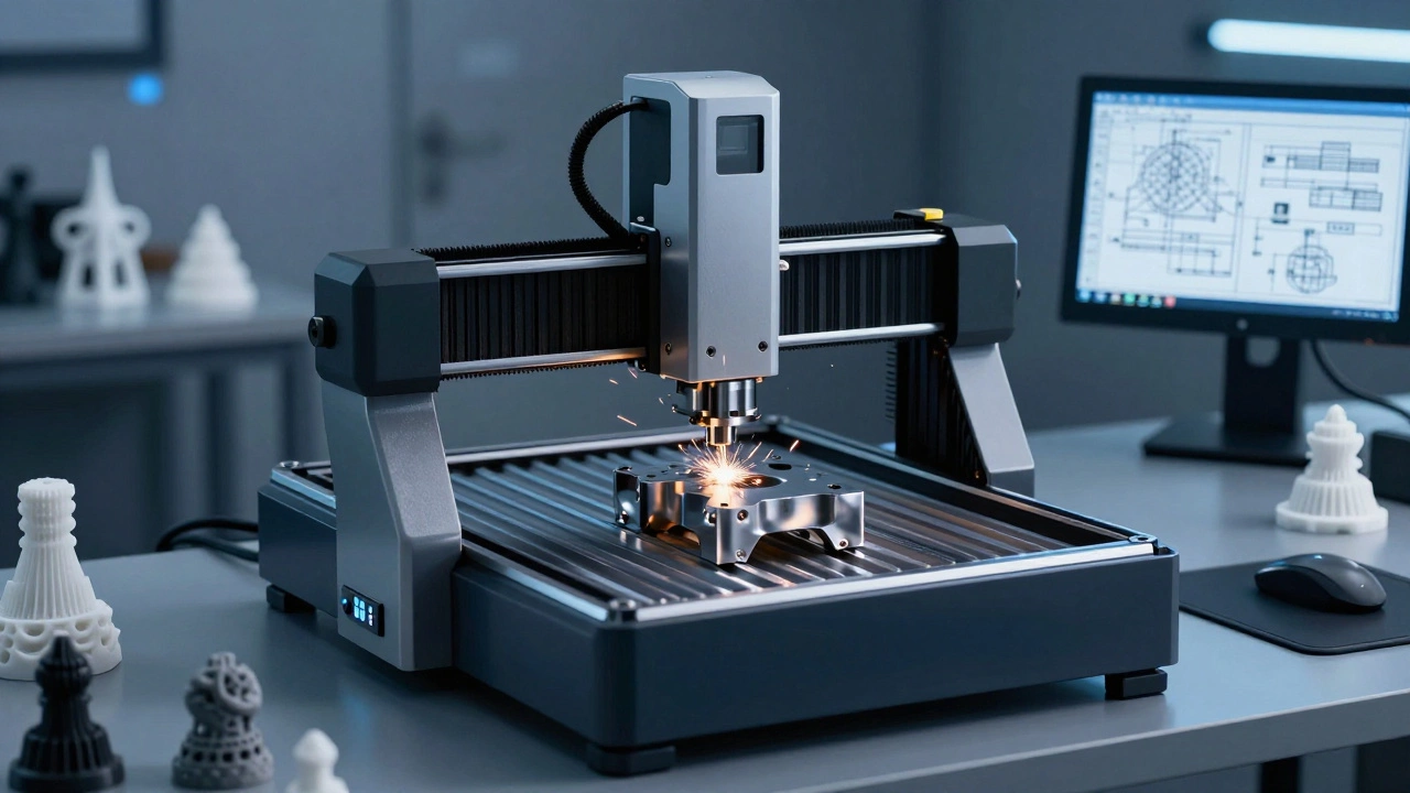 Desktop CNC machine carving a precise metal part in a workshop