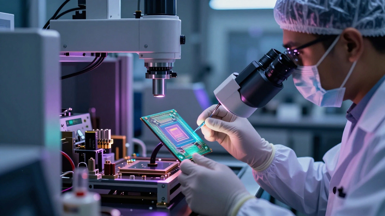 Engineer inspecting a silicon wafer in a high-tech semiconductor lab