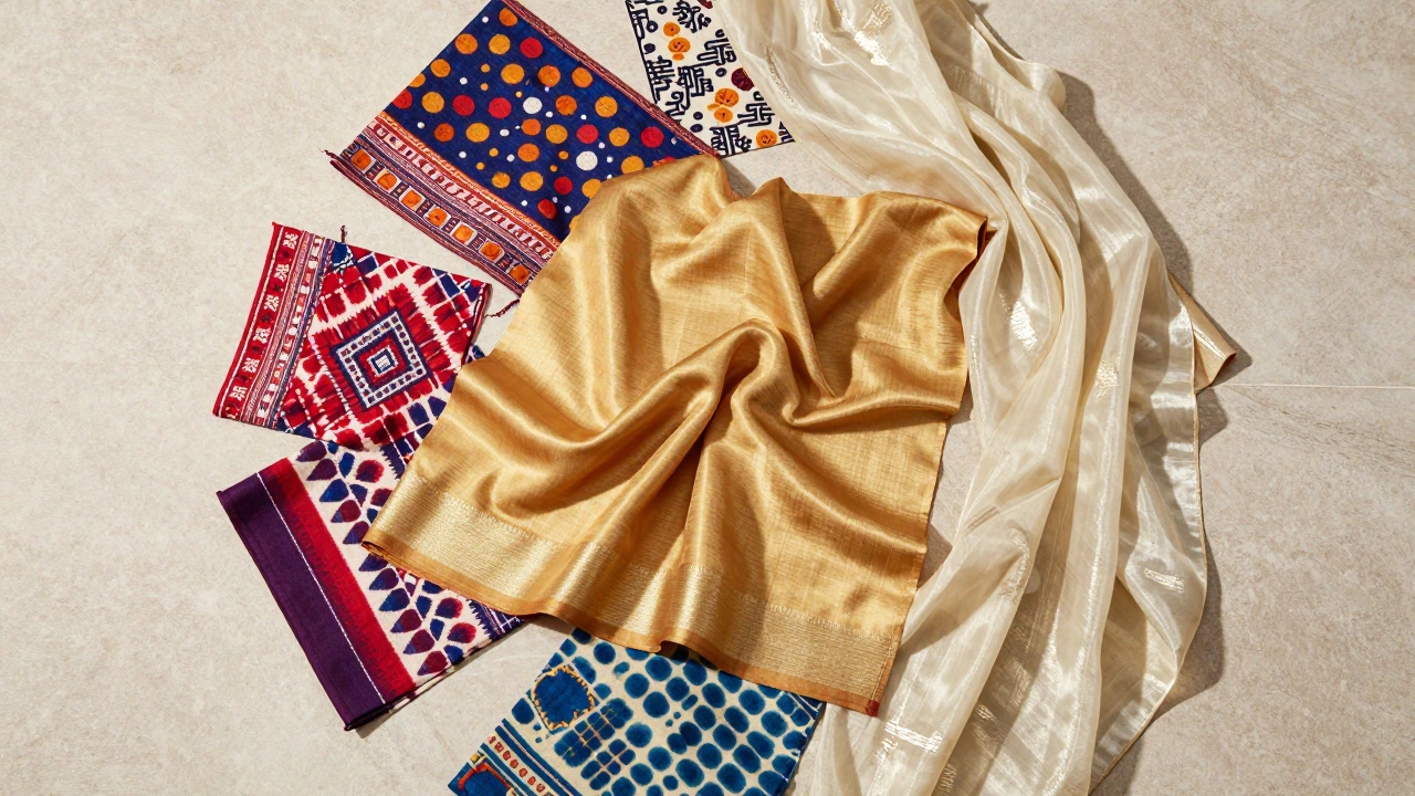 Flat lay of golden Muga silk, Bandhani dye, and sheer Chanderi fabric
