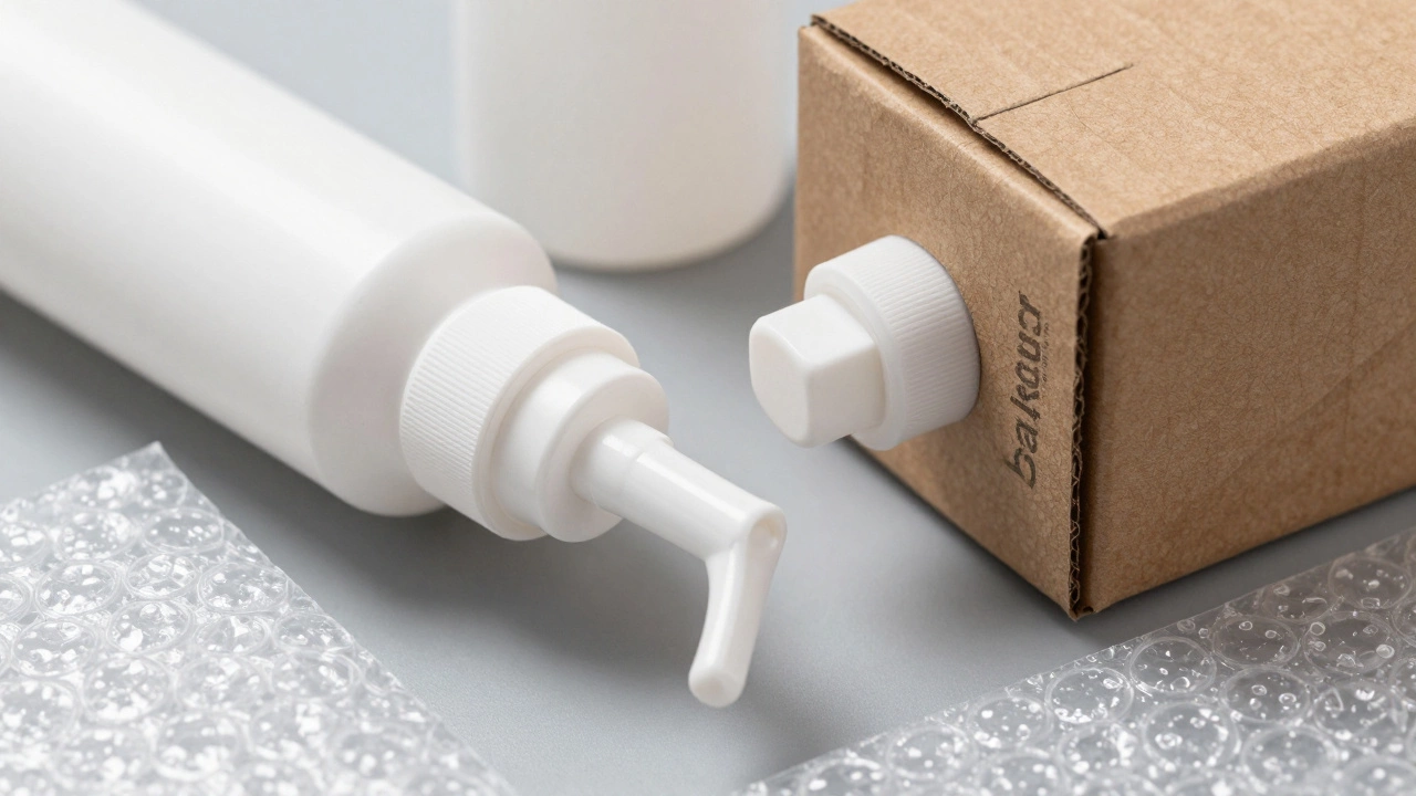 Macro shot of specialized plastic packaging parts including pumps, boxes, and bubble wrap