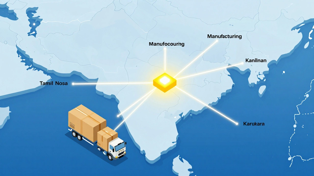 Map showing Hyderabad's central logistics role connecting southern India factories